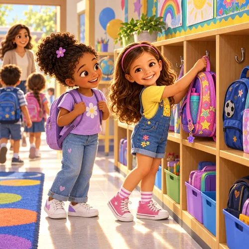 Inside page of a first day of school book: Sofia hangs her backpack in her classroom cubby next to a new friend