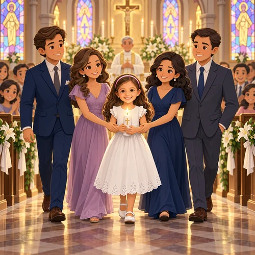 Inside page of a personalized baptism book: Sofia's godparents walk with her as she carries the candle down the aisle