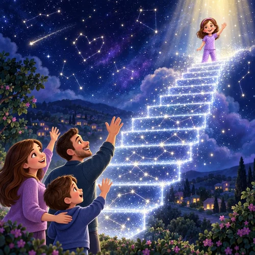 Inside page of a personalized graduation book: Sofia waves from the top of a staircase of stars as her family cheers