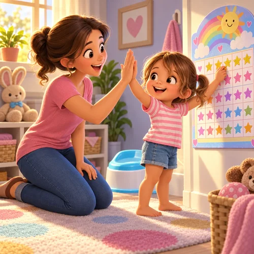 Inside page of a potty training book: Staci high-fives her mom after adding a gold star to her sticker chart
