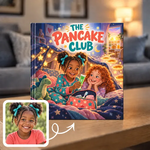 First sleepover book, The Pancake Club: two girls giggle in a blanket fort, drawn from a girl's photo