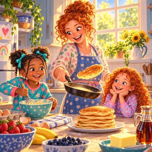 Inside page of a first sleepover book: Tanya whisks pancake batter as her friend's mom flips pancakes the next morning