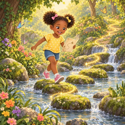 Custom storybook illustration: Zoe follows the glowing path from her magic map across mossy stepping stones