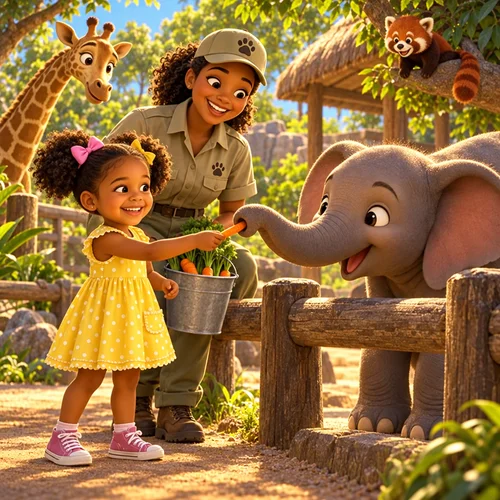 Inside page of a personalized zoo book: Zoe helps a zookeeper feed carrots to a baby elephant