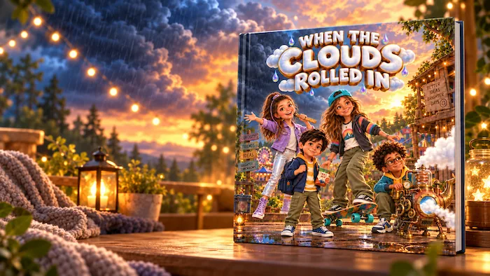 The When the Clouds Rolled In storybook, with the four Detour Club friends on its cover