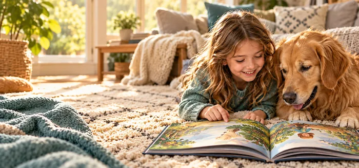 A girl lying on a rug, reading a picture book with her golden retriever