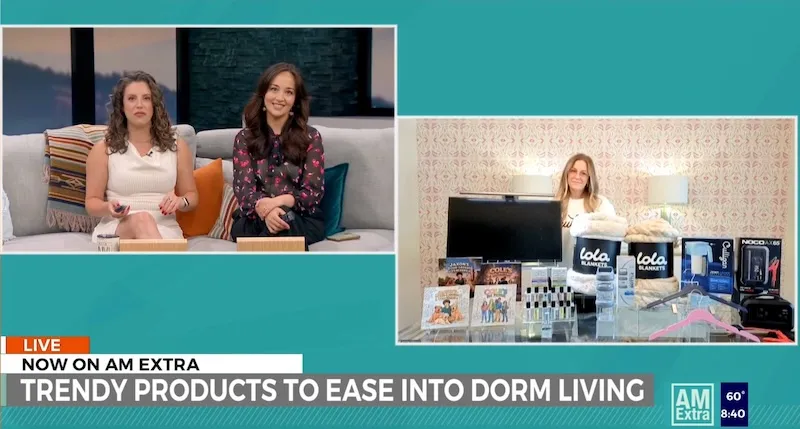 KOIN 6 AM Extra segment with Jen Munoz and a dorm essentials table displaying two Genie in a Book personalized storybooks and matching coloring books