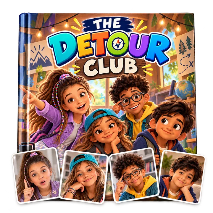 The Detour Club storybook cover beside the photos of the four children illustrated on it